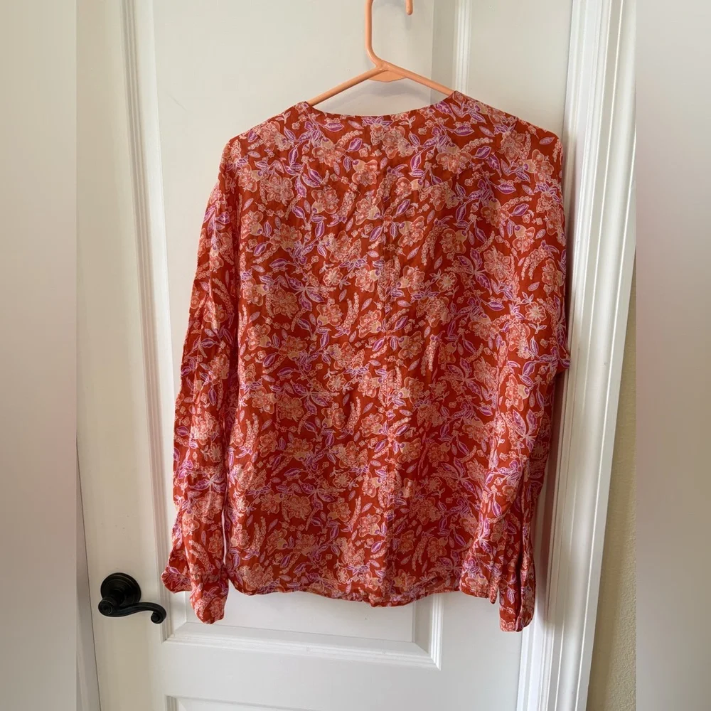 J.Crew Orange Floral Ramie Blouse Long Sleeve V-Neck Popover Top Women’s Size L